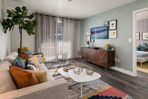 a living room with a couch and a coffee table